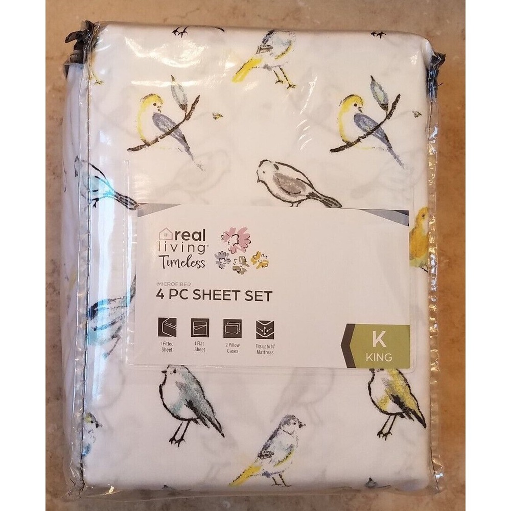 Real Living Timeless 4pc KING‎ Sheet Set Microfiber White Yellow Blue Birds NEW